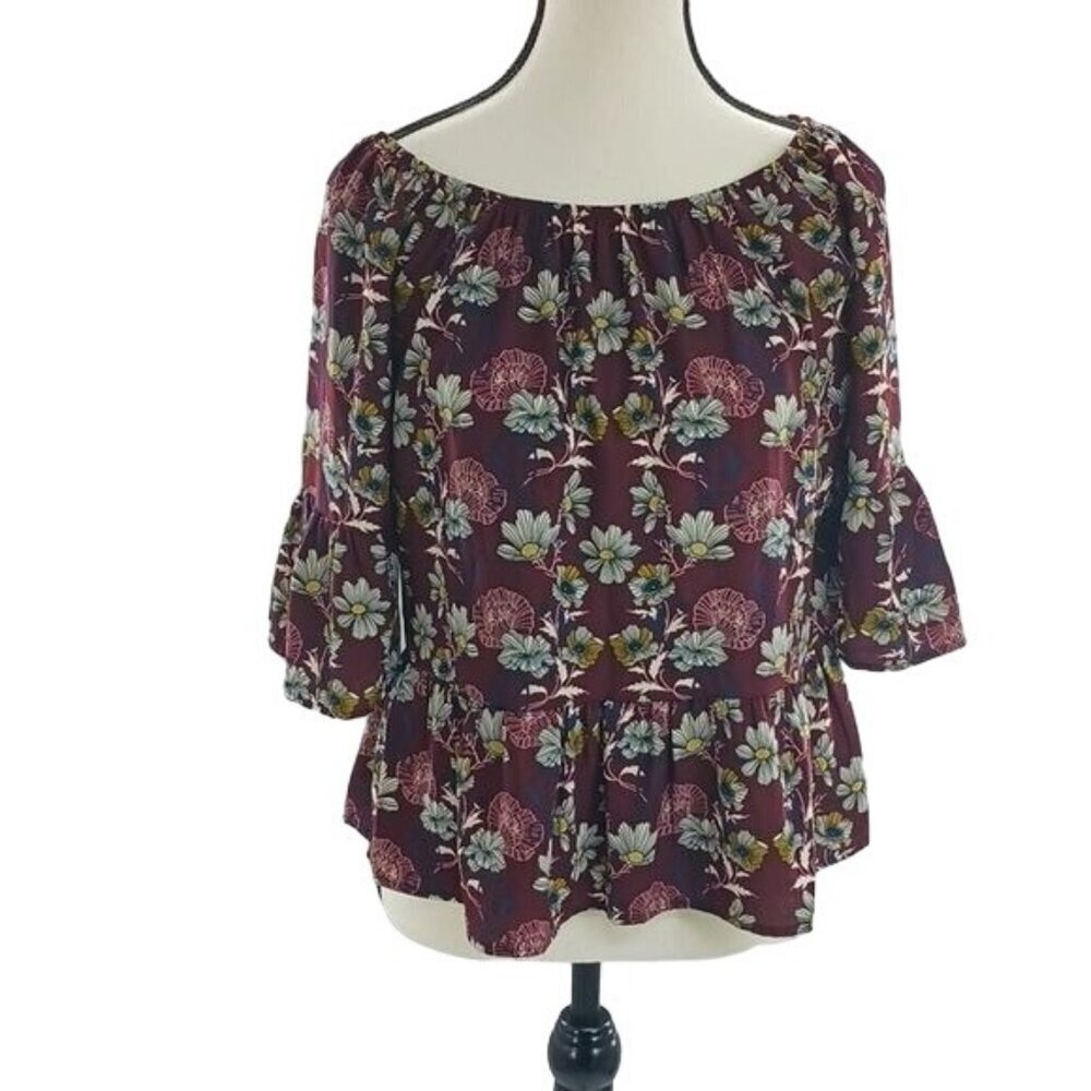 Alya Womens Floral Peasant Blouse Burgundy Boho Bell Sleeve Top XS USA
